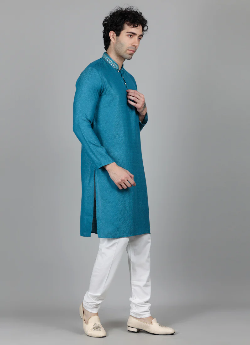 Men's Teal Blue Self Resham Jacquard Embroidered Set - Image 3