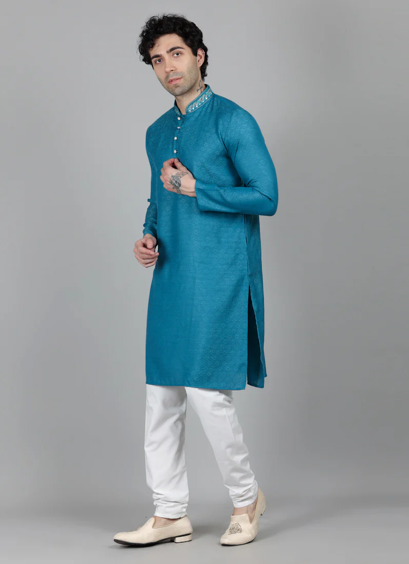 Men's Teal Blue Self Resham Jacquard Embroidered Set - Image 4
