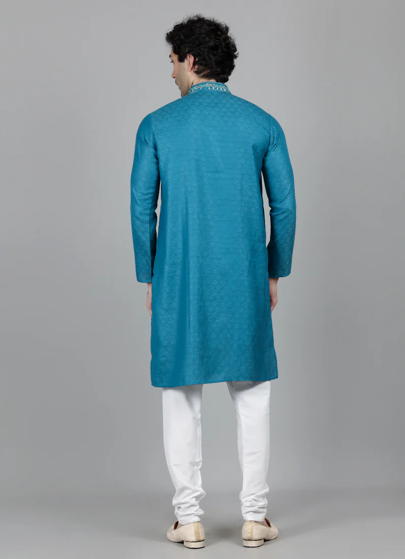 Men's Teal Blue Self Resham Jacquard Embroidered Set - Image 5