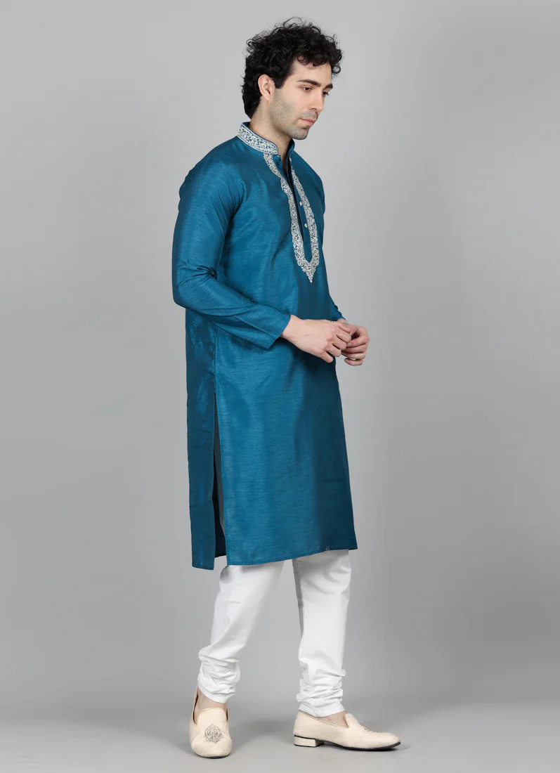 Men's Turquoise Blue Zari Embroidered Kurta Payjama Set - Image 2