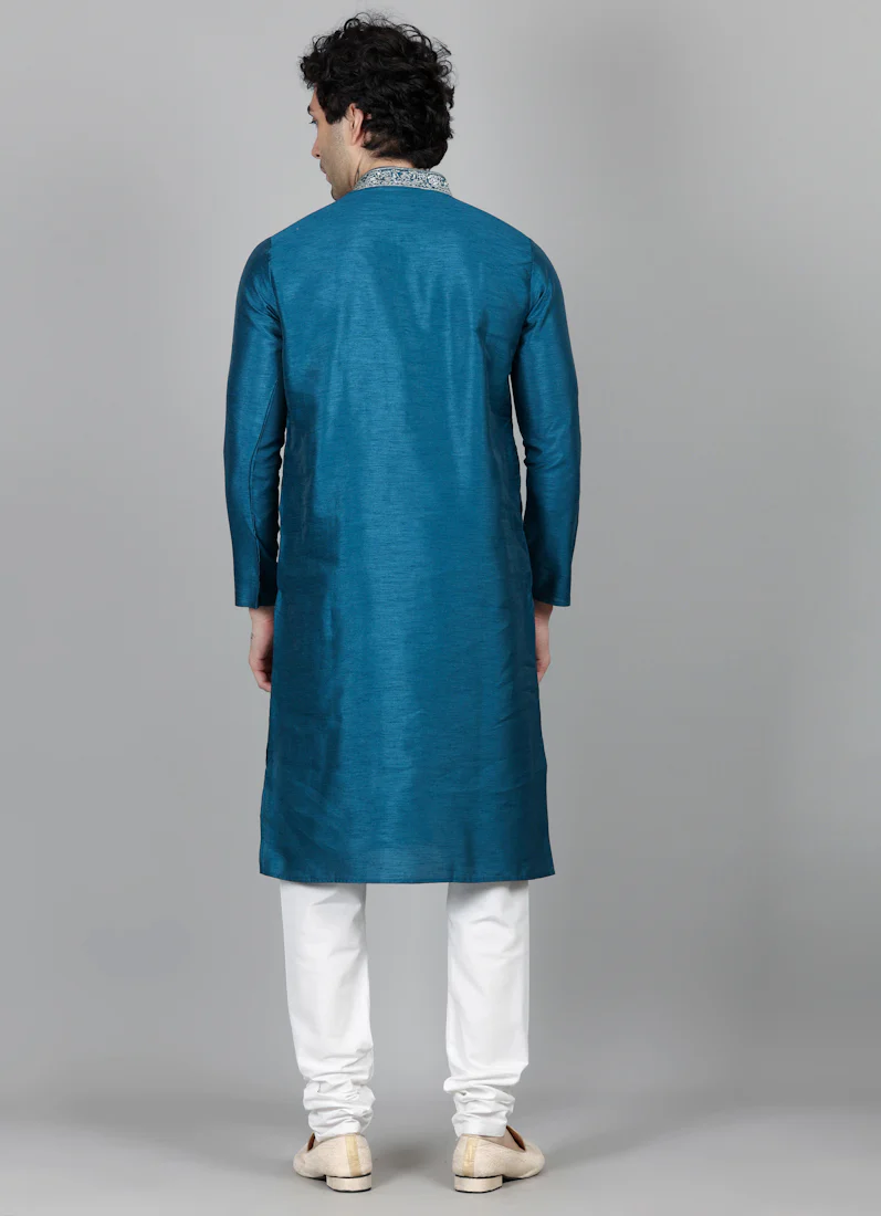 Men's Turquoise Blue Zari Embroidered Kurta Payjama Set - Image 3