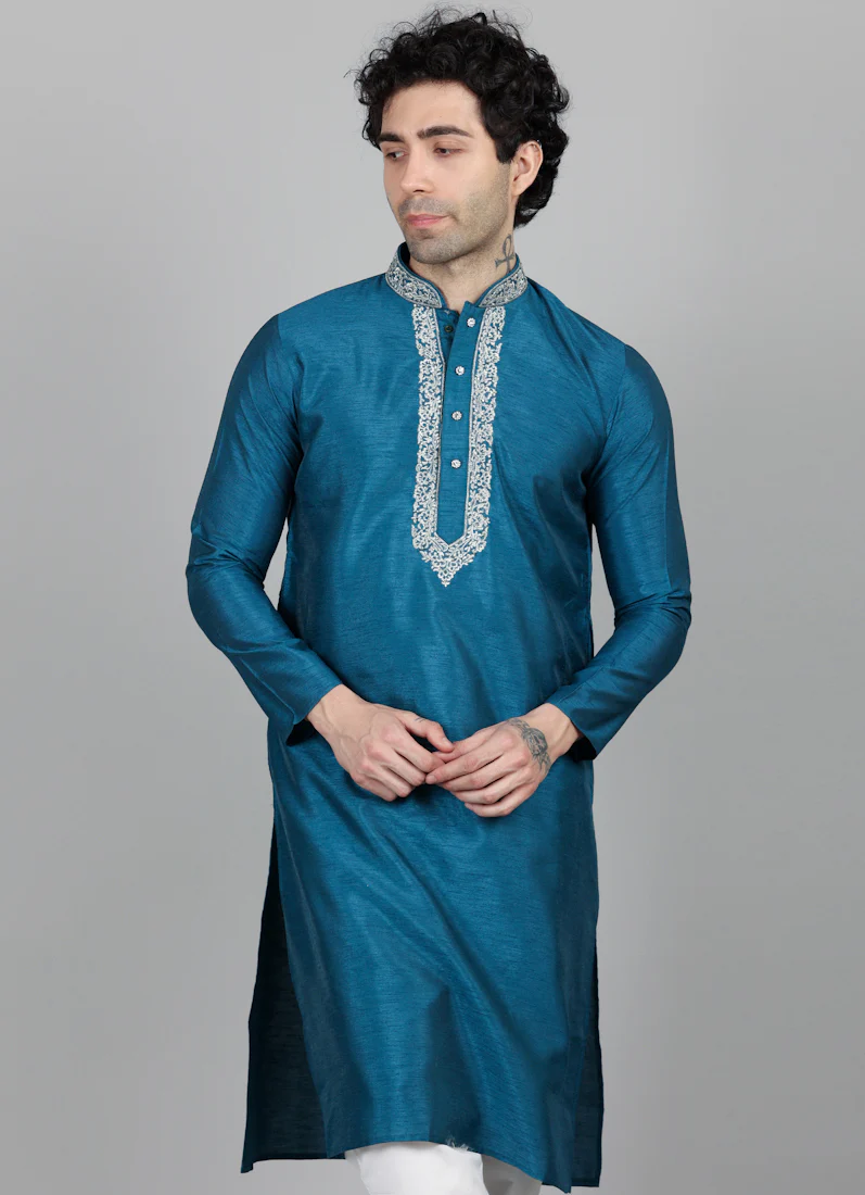Men's Turquoise Blue Zari Embroidered Kurta Payjama Set - Image 4