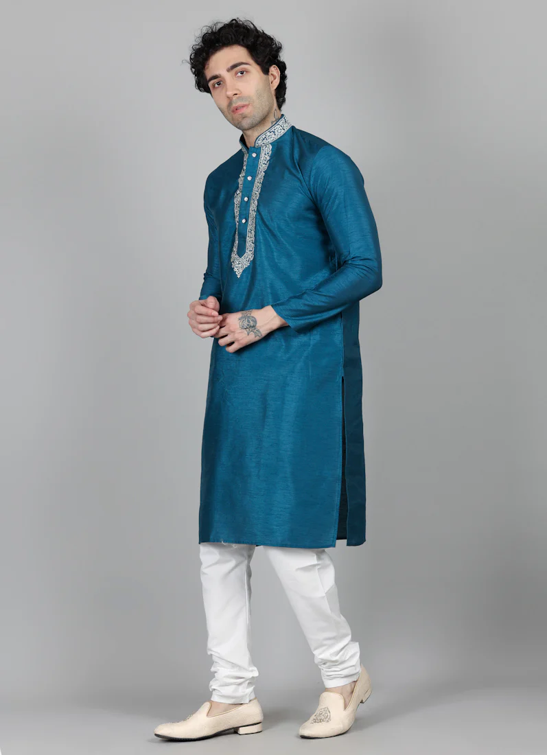 Men's Turquoise Blue Zari Embroidered Kurta Payjama Set - Image 5