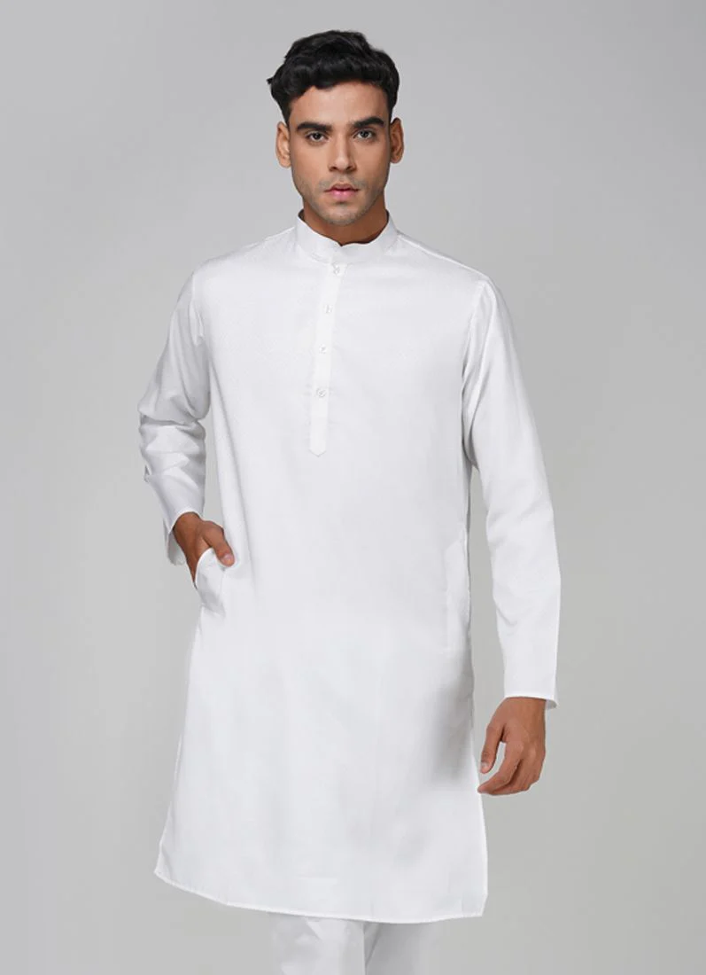 Men's White Dobby Kurta Pajama Set - Image 3