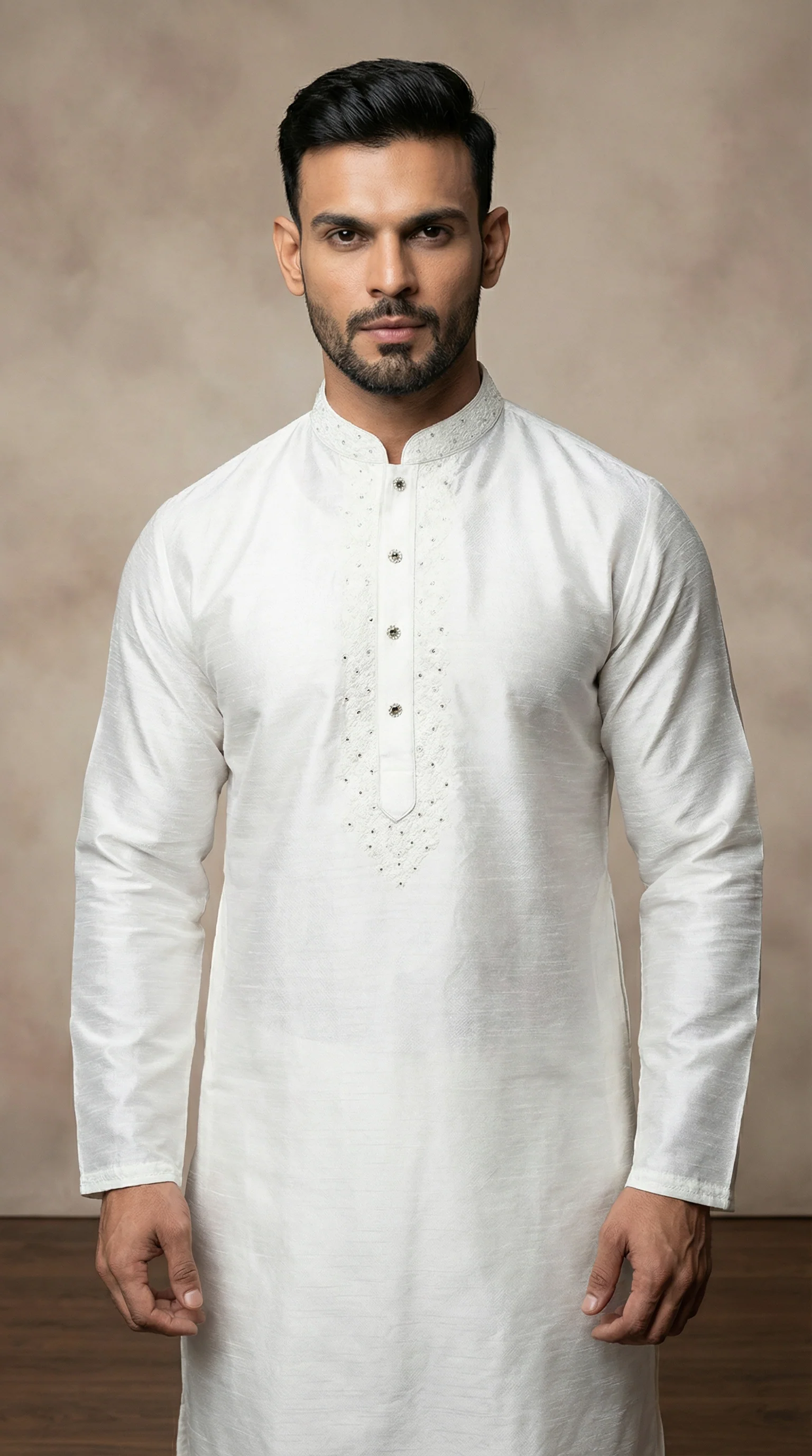 Men's White Jacquard Thread Work Kurta Pyjama Set - Image 2