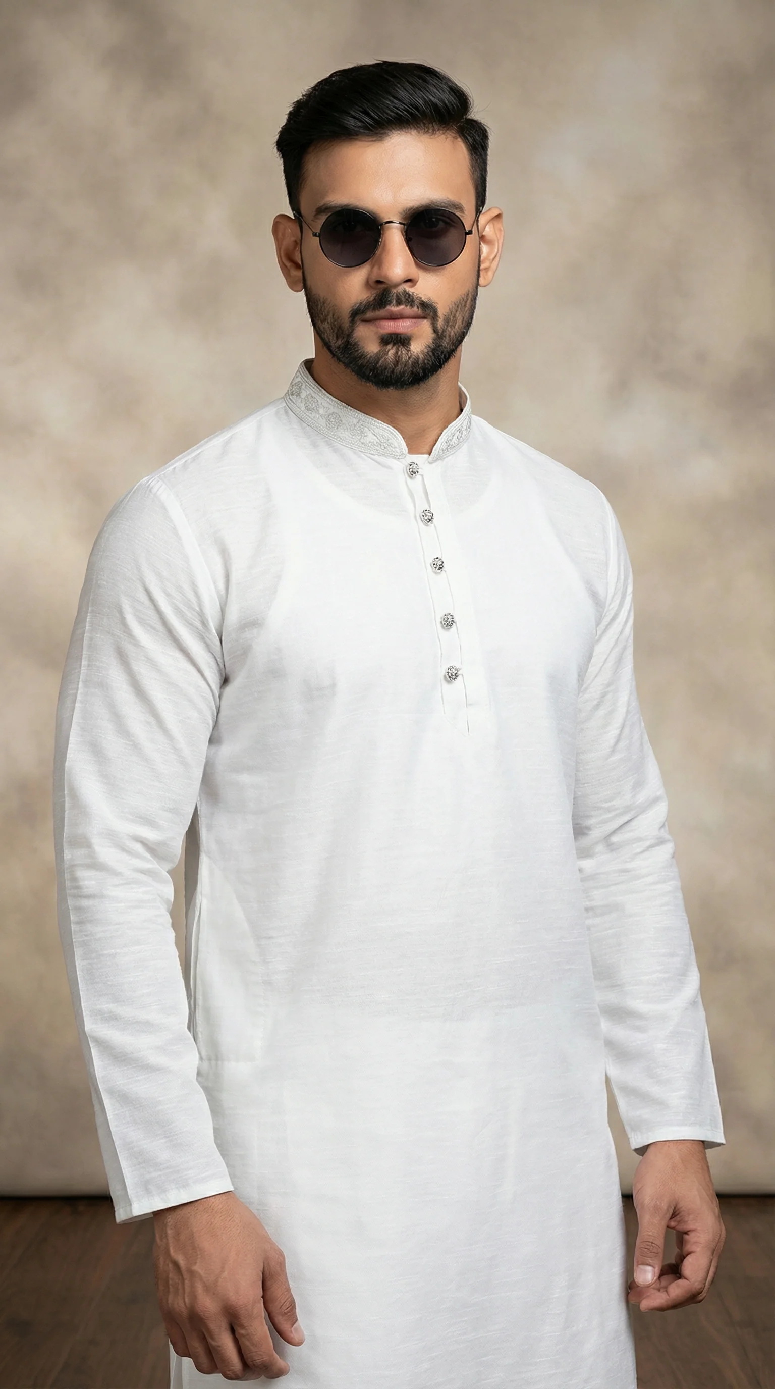 Men's White Jacquard Silver Work Kurta Set - Image 2