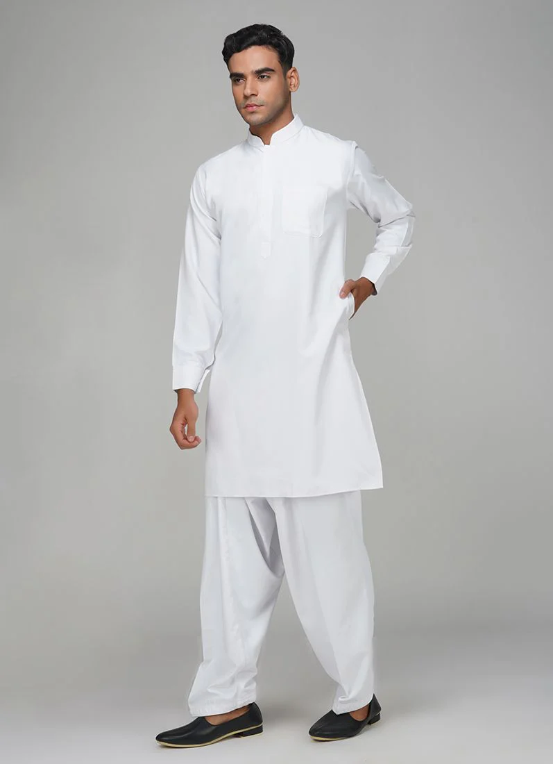 Men's White Polyester Salwar Kurta Set - Image 2