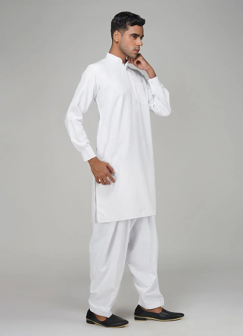 Men's White Polyester Salwar Kurta Set - Image 3