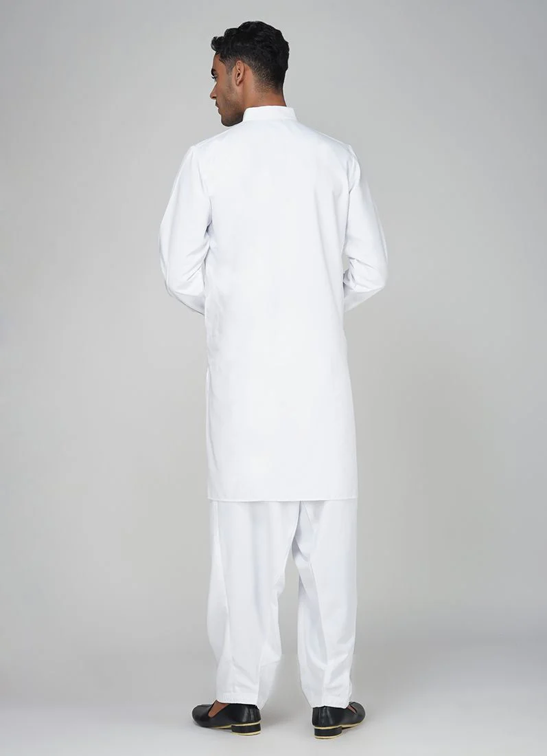 Men's White Polyester Salwar Kurta Set - Image 4