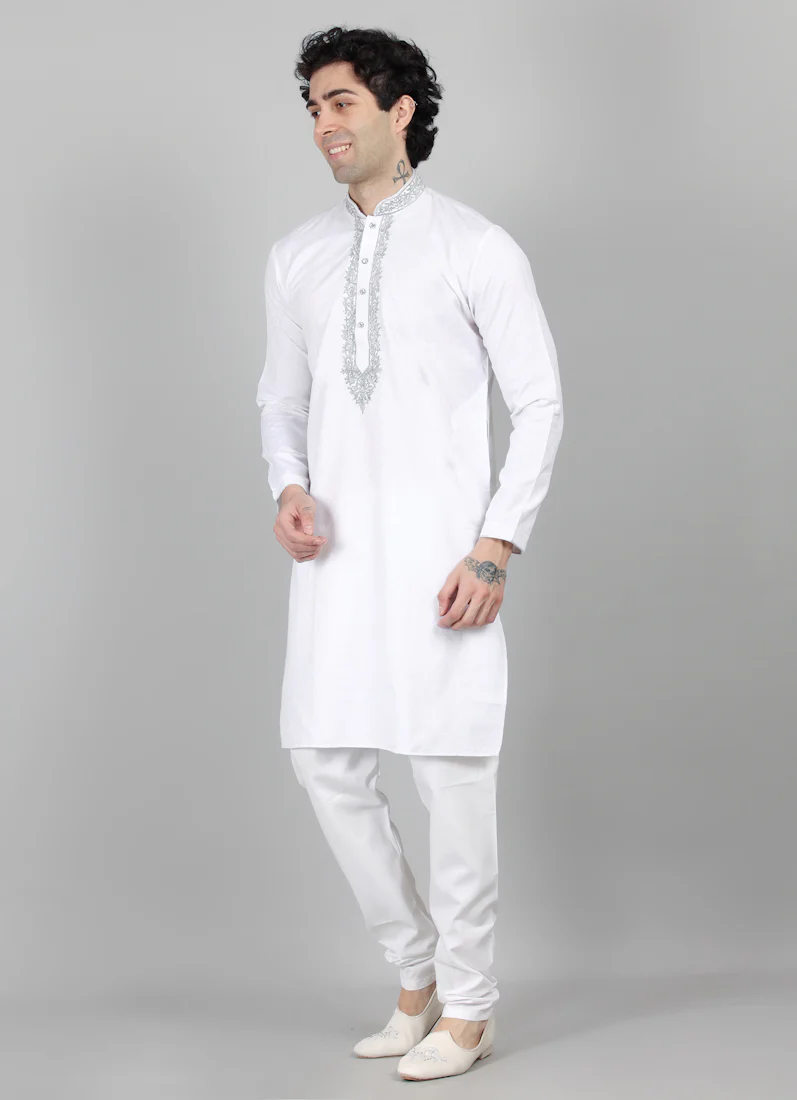 Men's White Resham Brocade Embroidered Set - Image 3