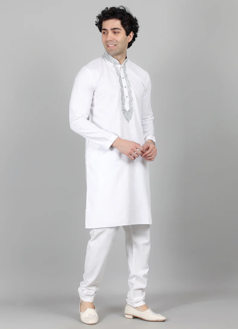 Men's White Resham Brocade Embroidered Set - Image 4
