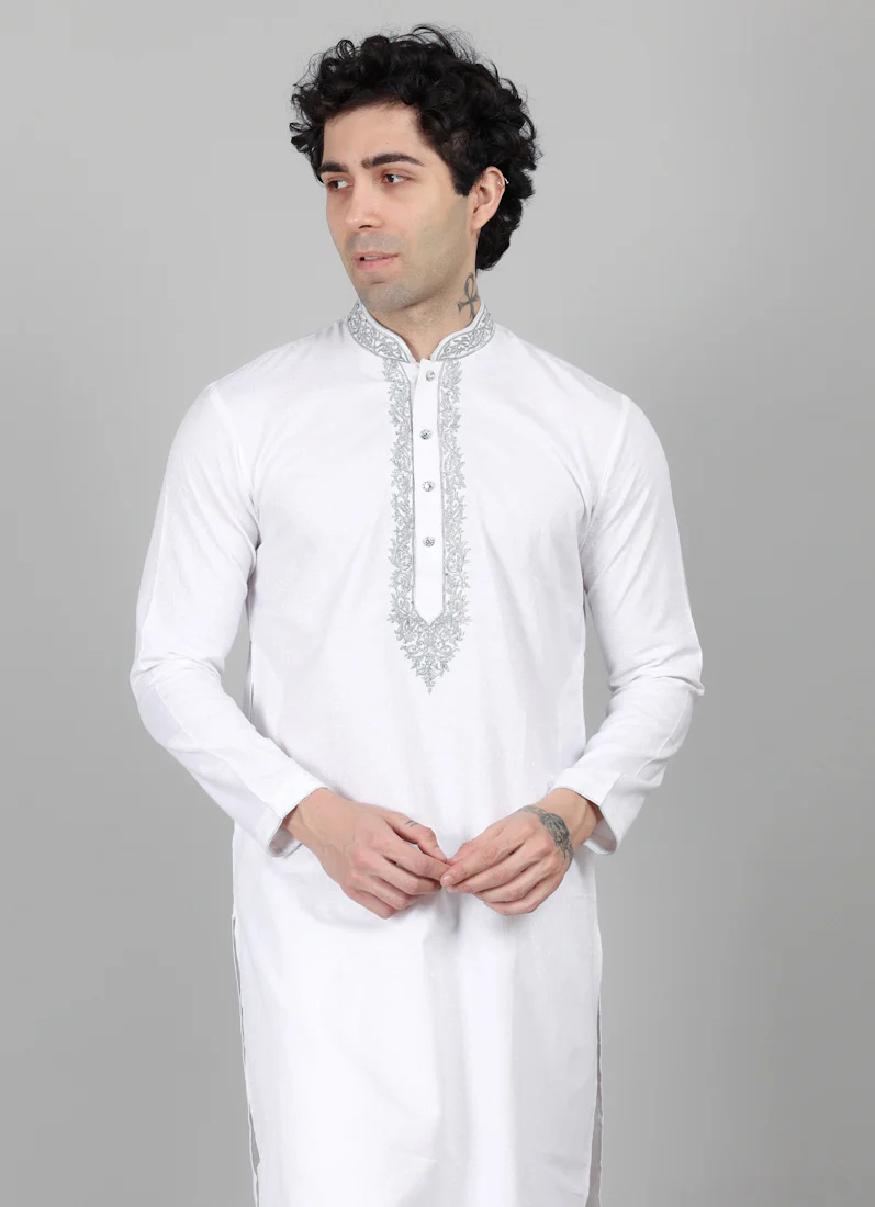 Men's White Resham Brocade Embroidered Set - Image 5