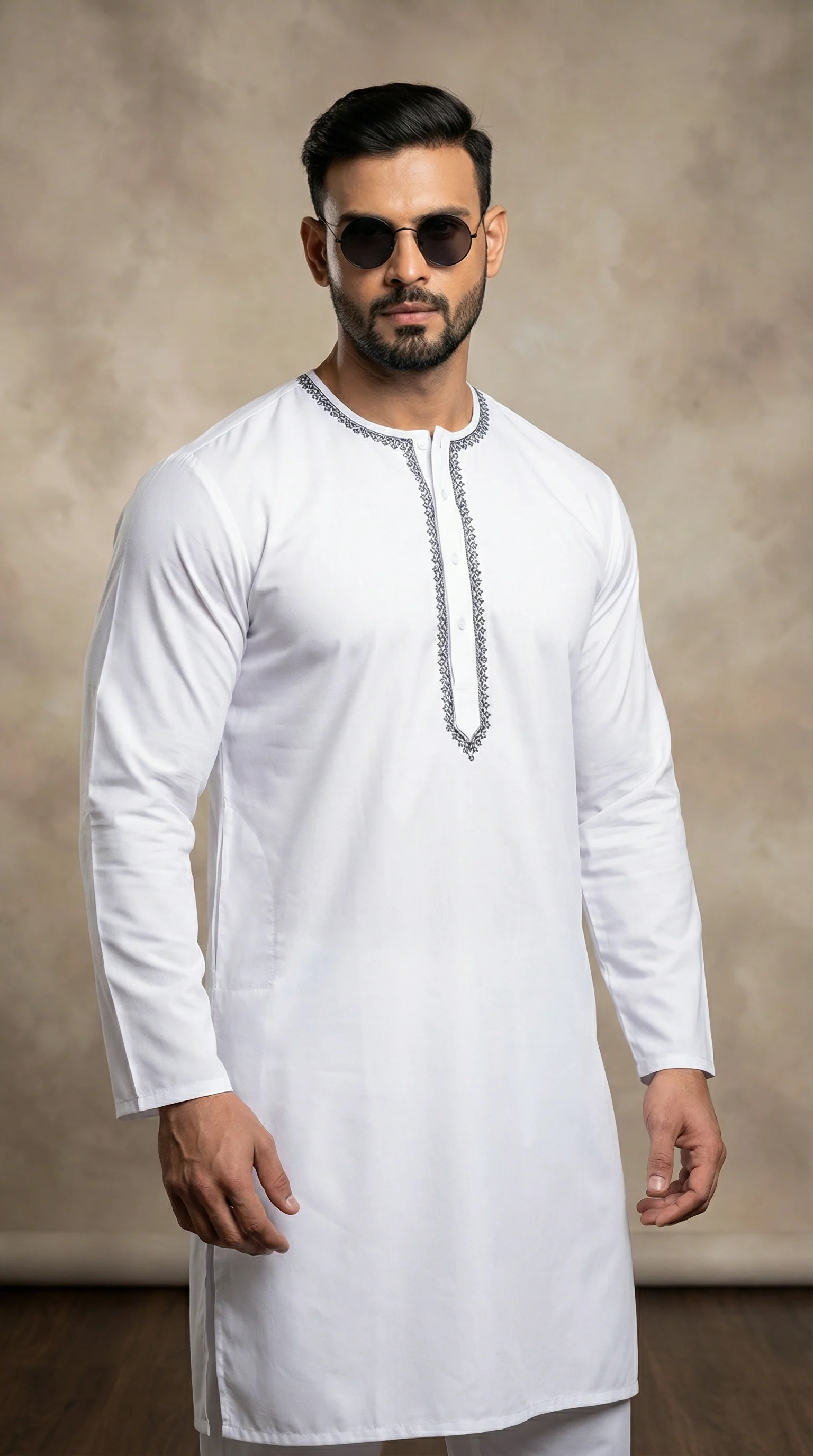 Men’s White Round Neck Embroidered Kurta Pyjama - Image 2