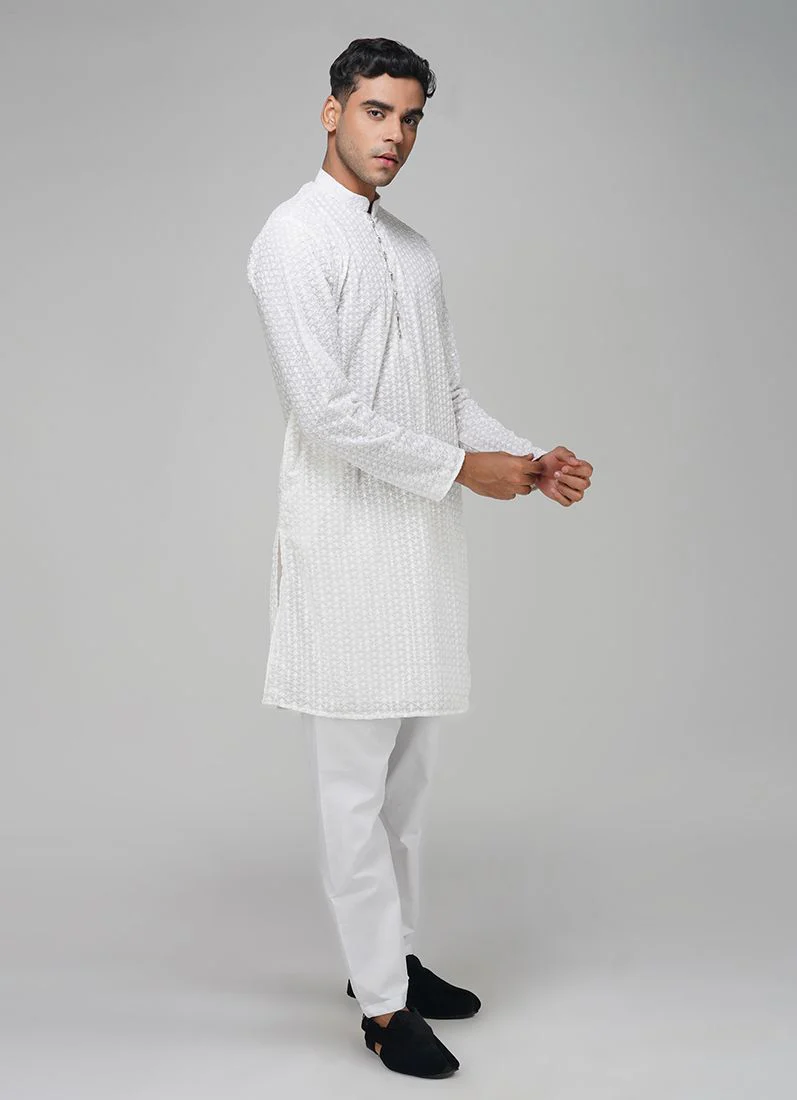 Men's White Sippi Work Kurta Churidaar Set - Image 2