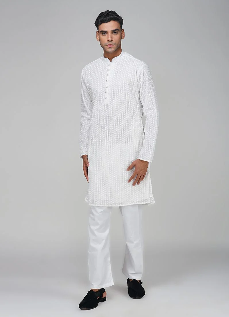 Men's White Sippi Work Kurta Churidaar Set - Image 3