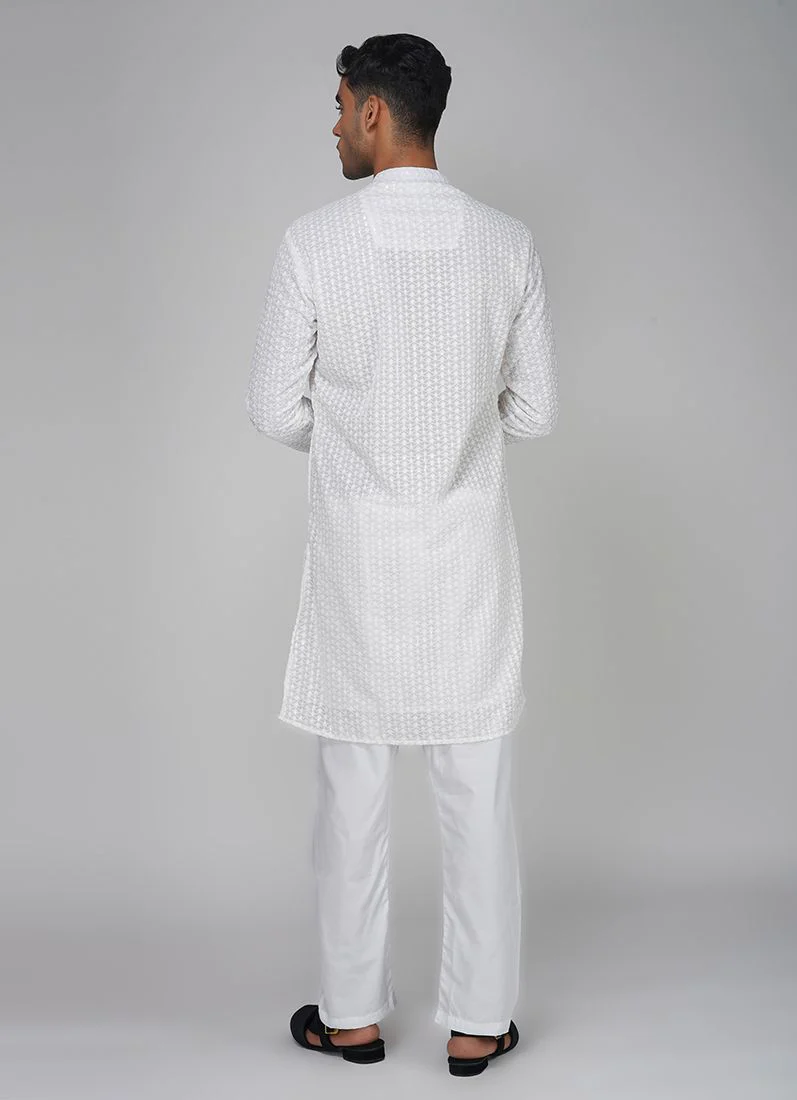 Men's White Sippi Work Kurta Churidaar Set - Image 4