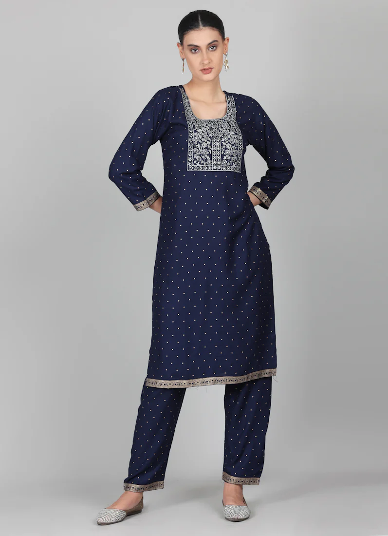 Midnight Blue Embroidered Suit Set - Image 2