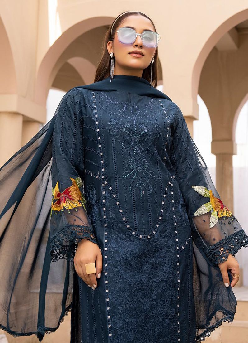 Midnight Blue Lawn Chikankari Trouser Suit Set - Image 3