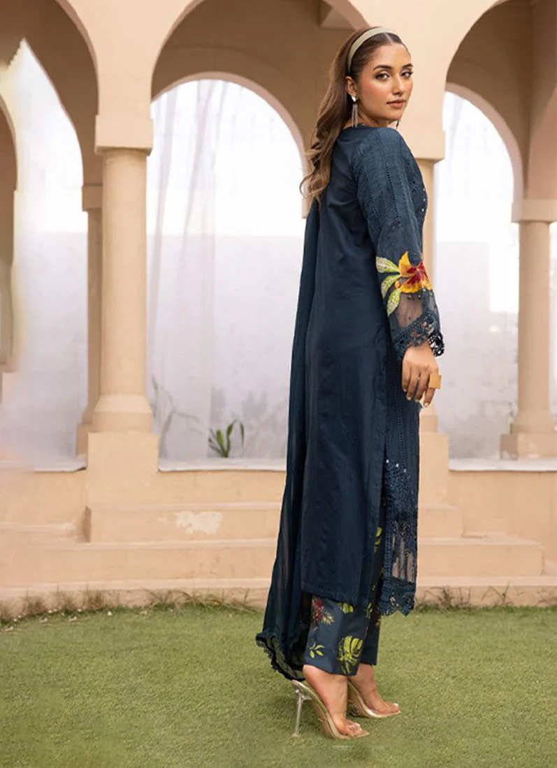 Midnight Blue Lawn Chikankari Trouser Suit Set - Image 4