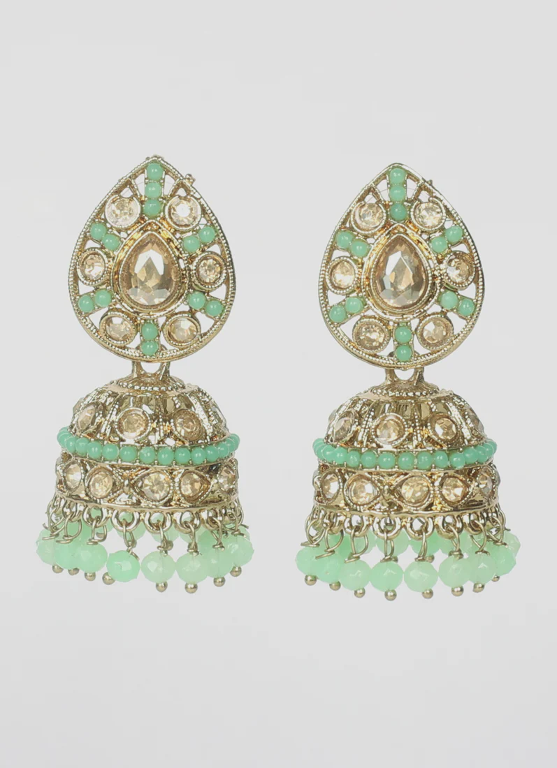 Mint Green Beads & Gold Diamante Jumka Set - Image 2
