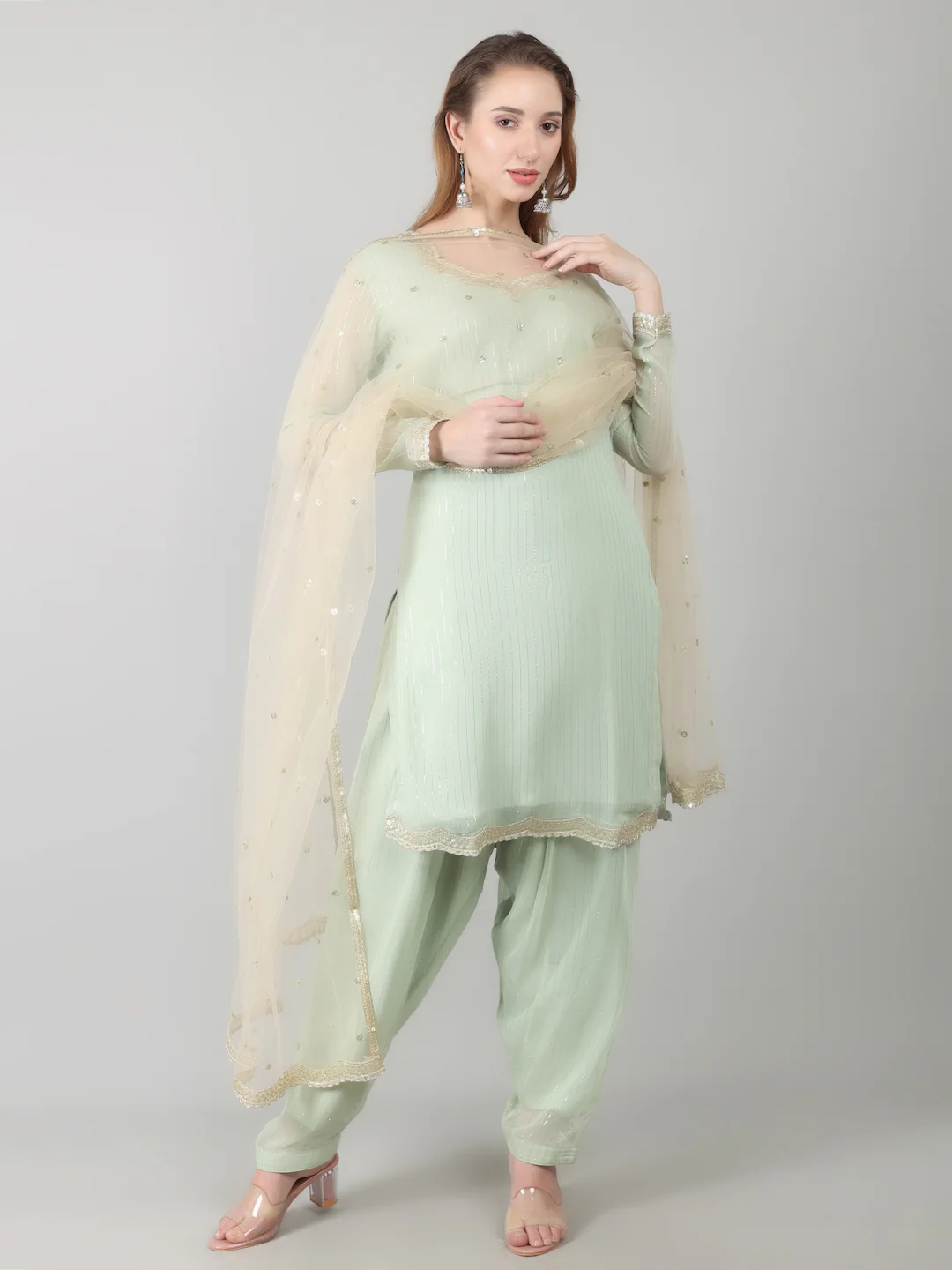 Mint Green Georgette Lurex  Suit - Image 2