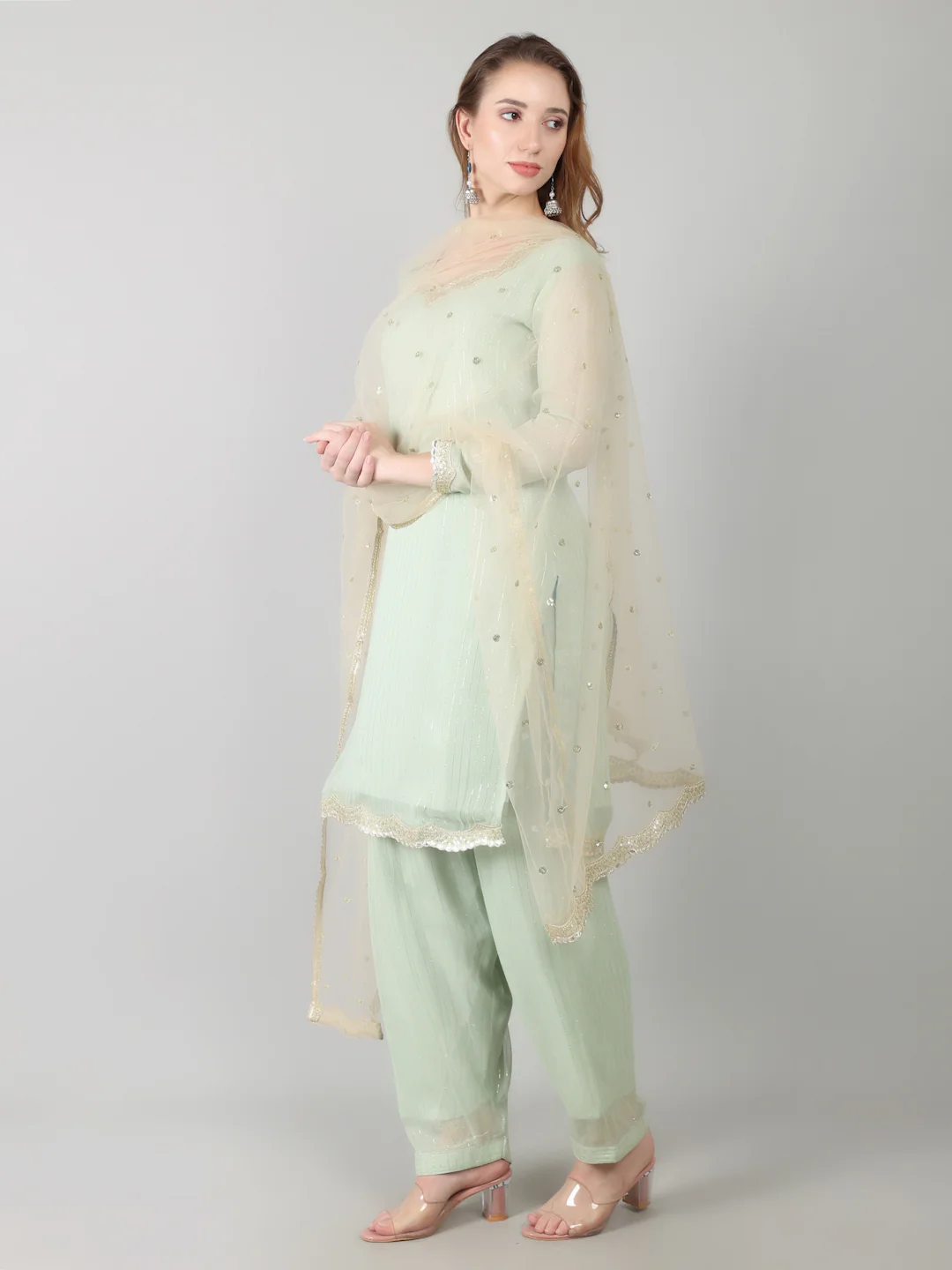 Mint Green Georgette Lurex  Suit Set - Image 3
