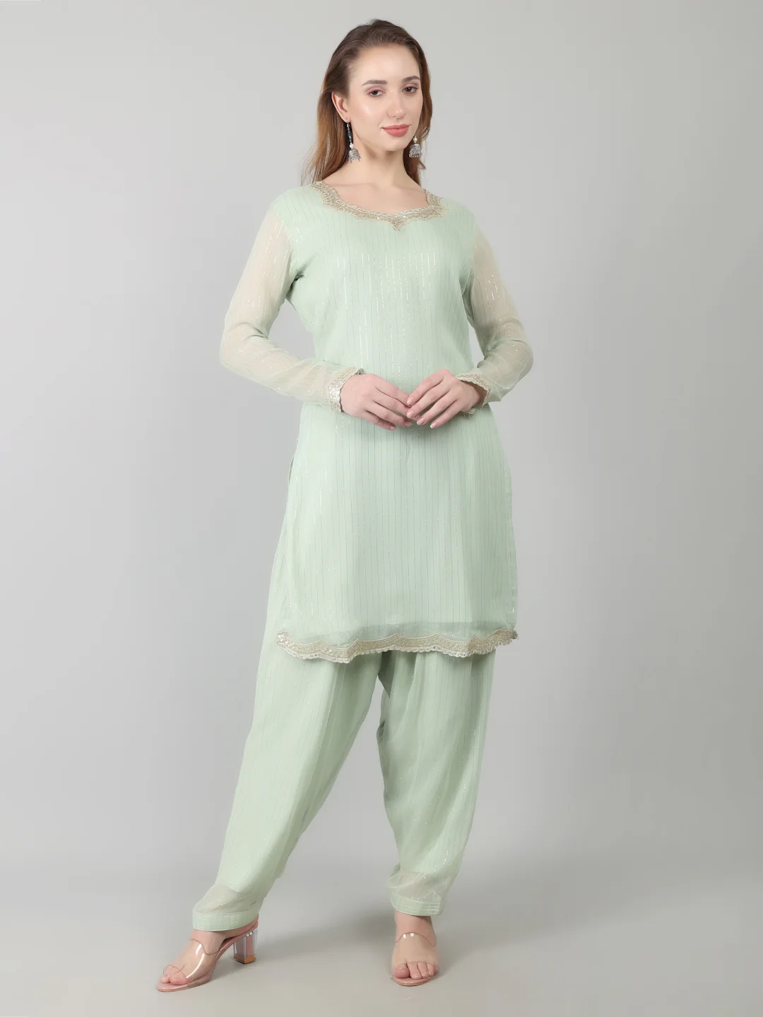 Mint Green Georgette Lurex  Suit Set - Image 4
