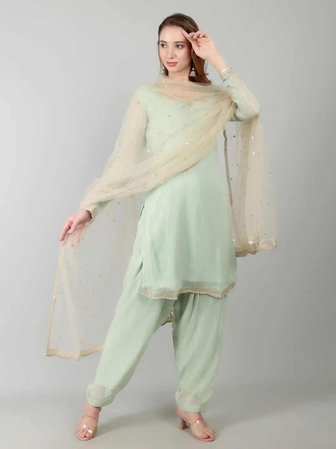 Mint Green Georgette Lurex  Suit Set - Image 5