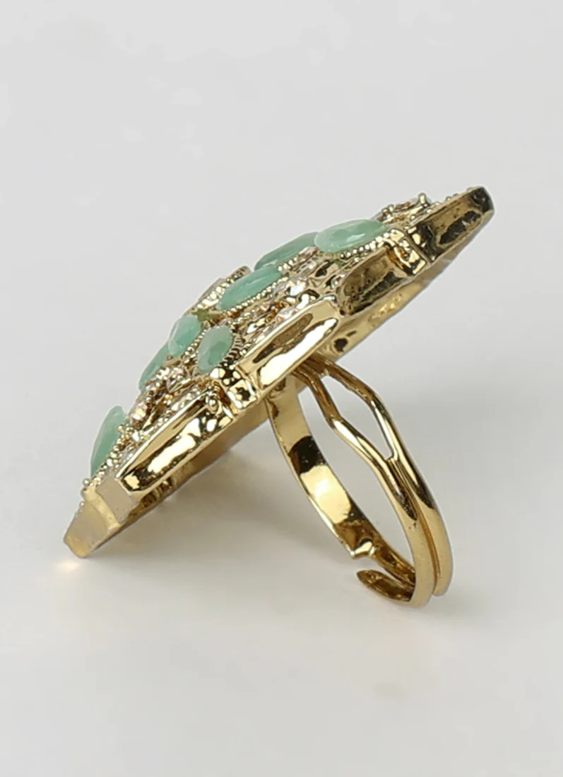 Mint Green Gold Plated Adjustable Finger Ring with Diamonte - Image 3
