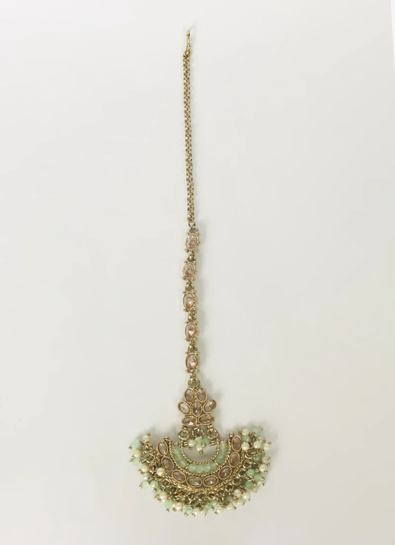 Mint Green Gold Plated Pearl & Reverse AD Bridal Tikka - Image 2