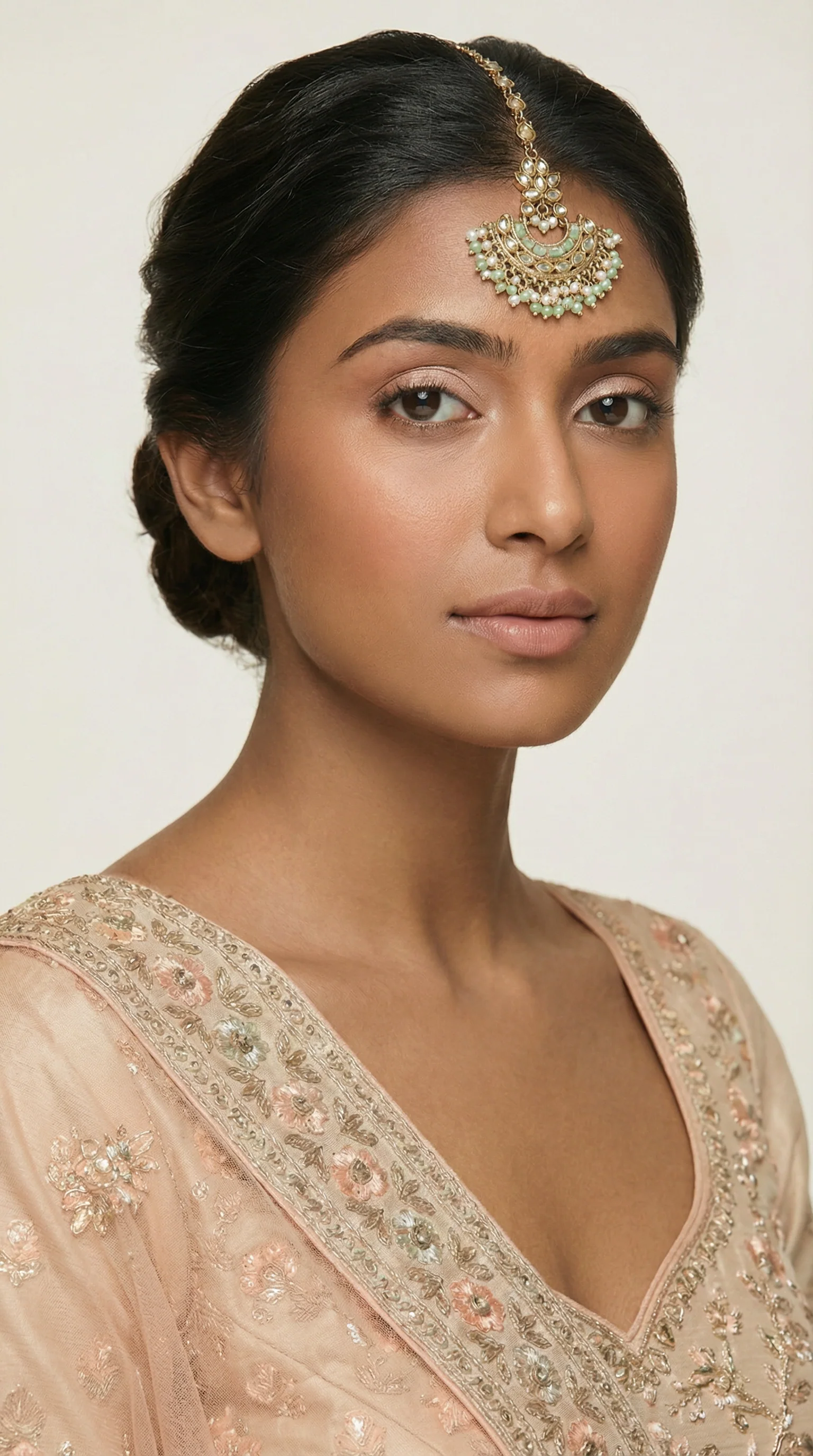 Mint Green Gold Plated Pearl & Reverse AD Bridal Tikka - Image 3