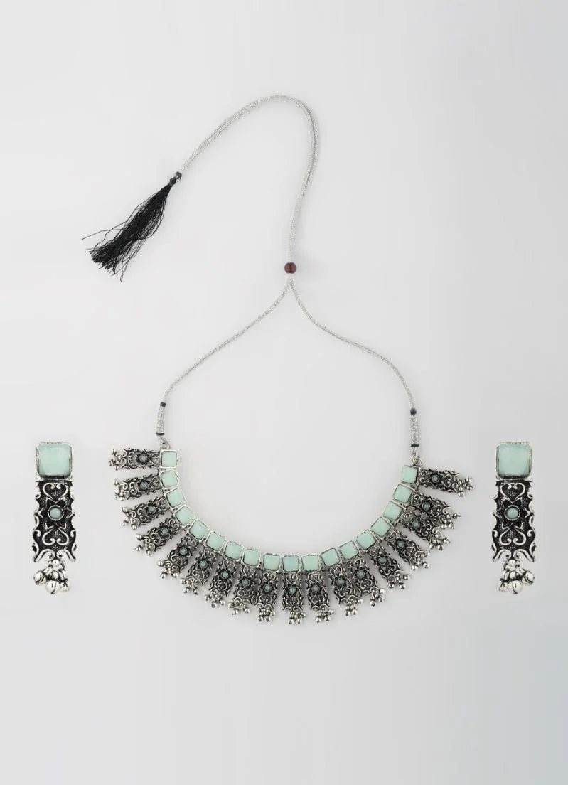 Mint Oxidise Necklace with Earrings Set - Image 2
