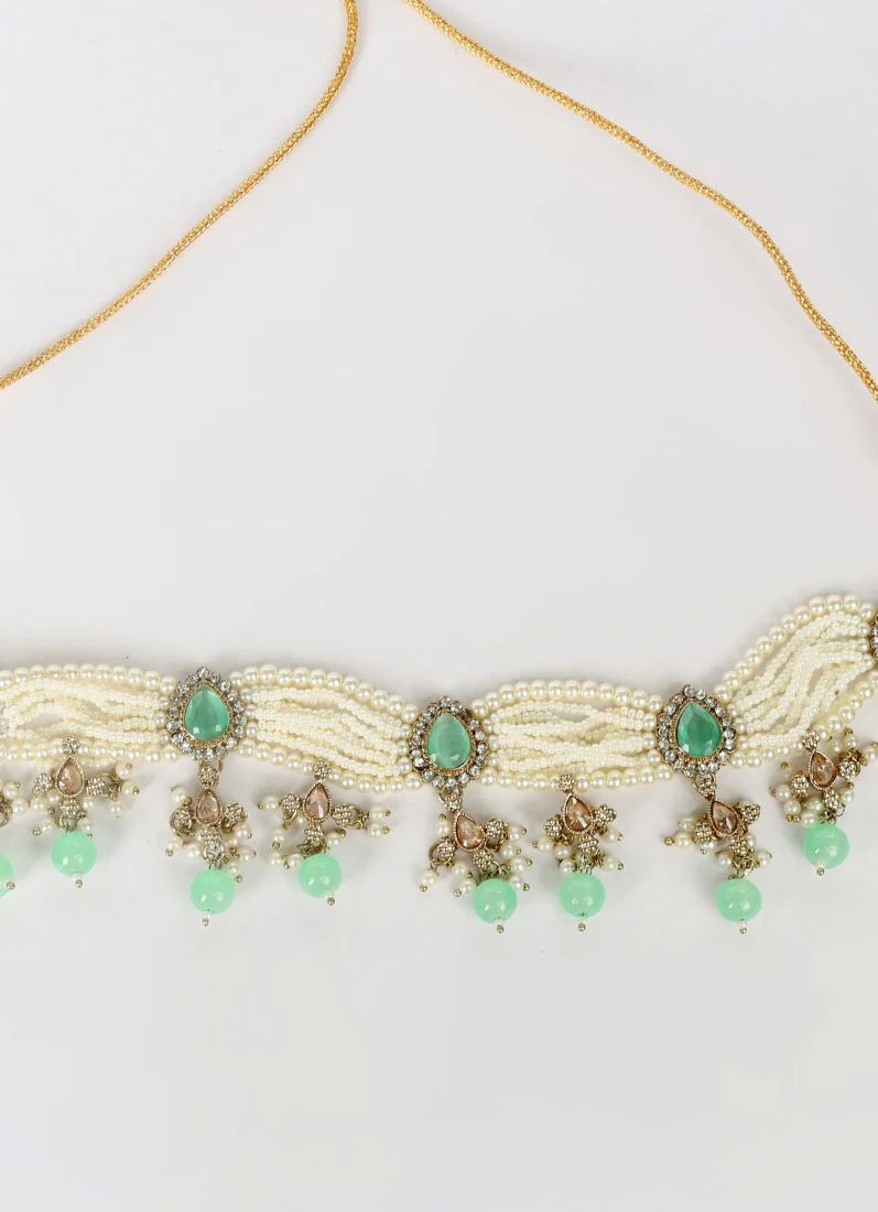 Mint Pearl Choker Necklace Set - Image 3