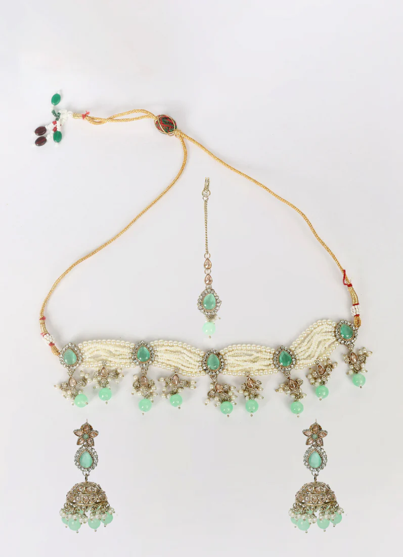 Mint Pearl Choker Necklace Set - Image 7