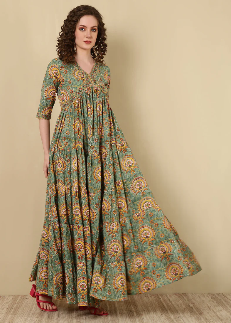 Moss Green Cotton Printed Bias Cut Dress - Image 2