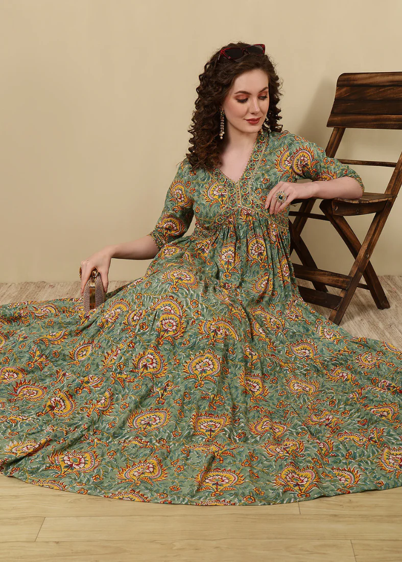 Moss Green Cotton Printed Bias Cut Dress - Image 3