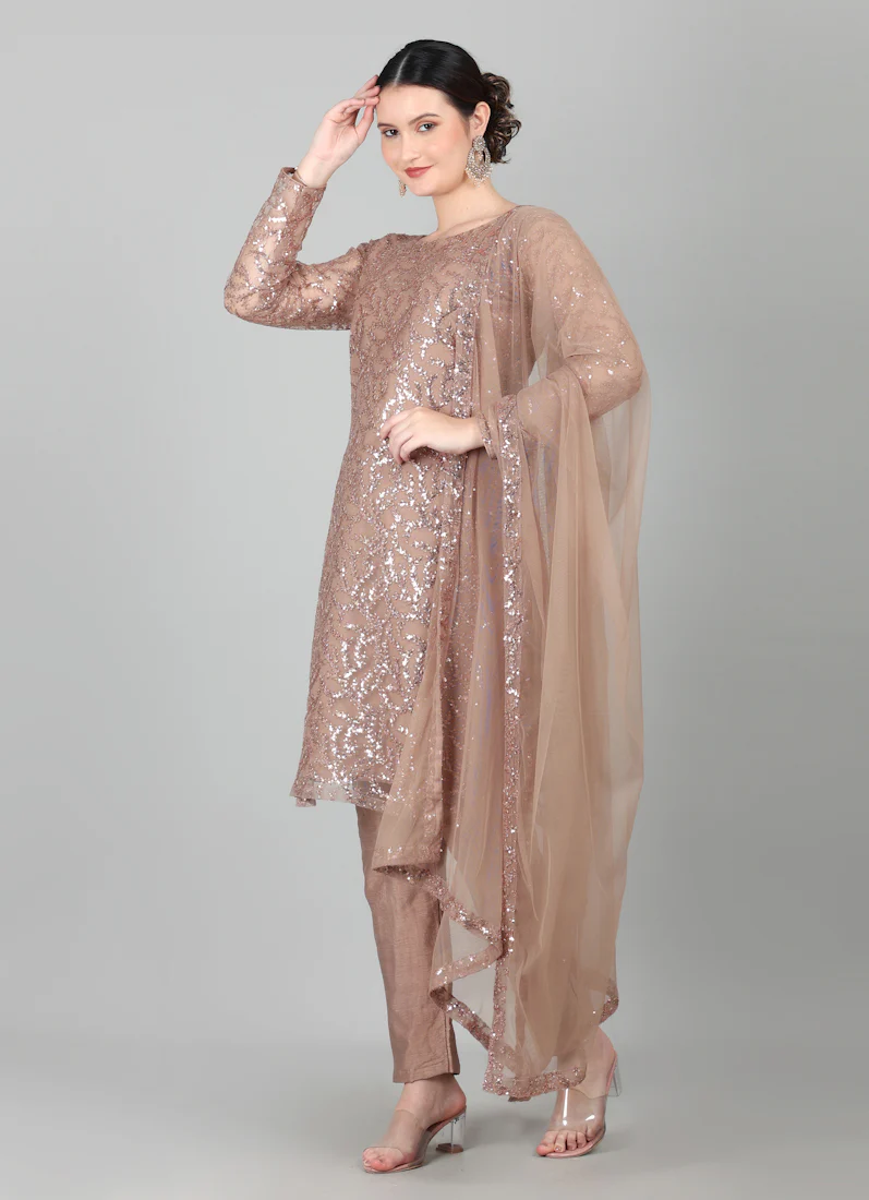 Mouse Brown Net Sequins Embroidered Suit Set - Image 2