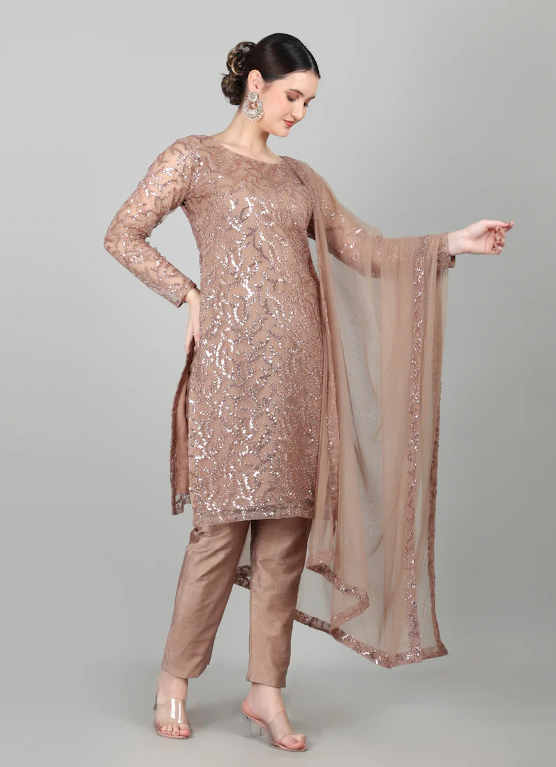 Mouse Brown Net Sequins Embroidered Suit Set - Image 3