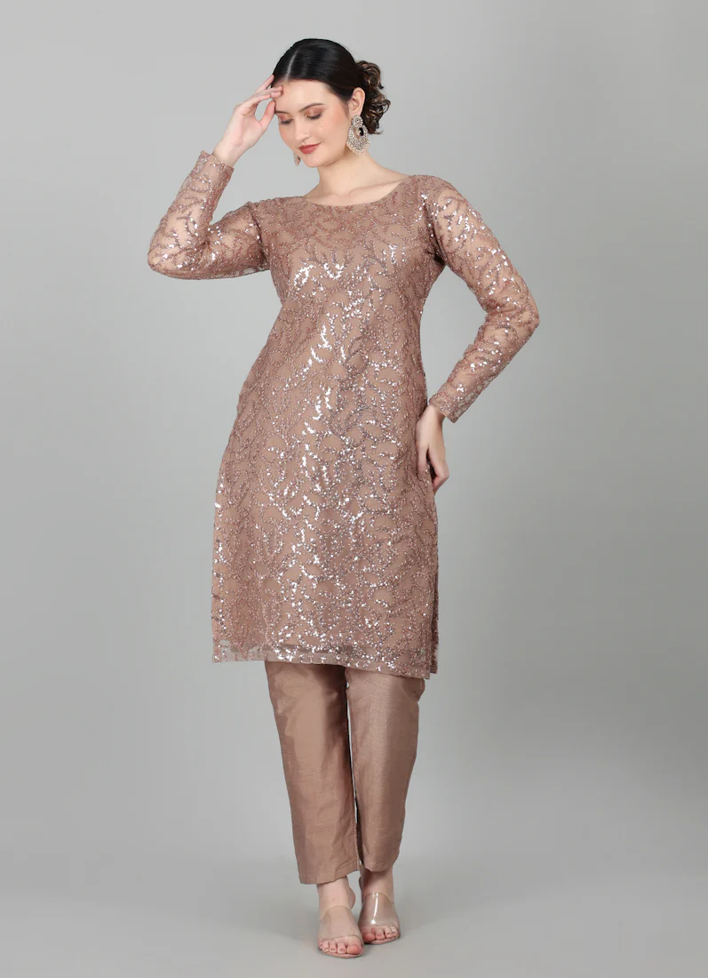 Mouse Brown Net Sequins Embroidered Suit Set - Image 4