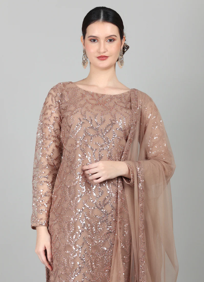 Mouse Brown Net Sequins Embroidered Suit Set - Image 5