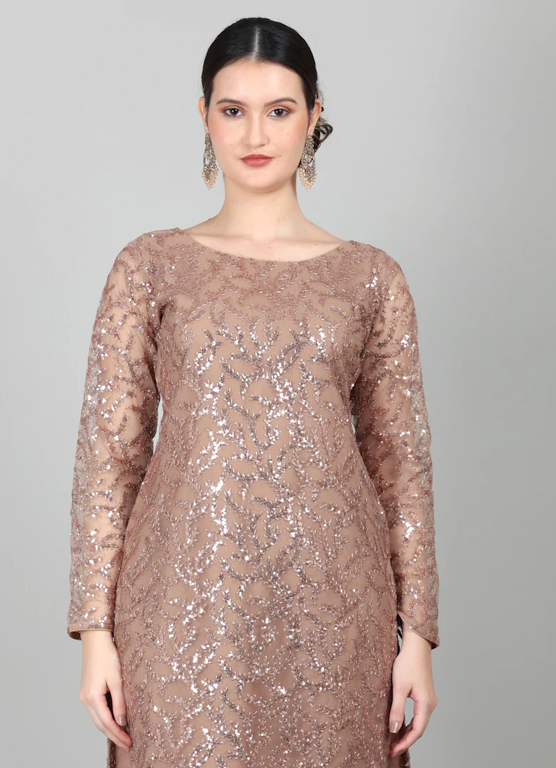 Mouse Brown Net Sequins Embroidered Suit Set - Image 6