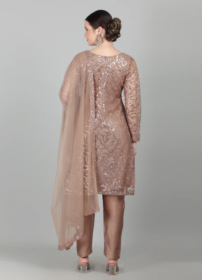 Mouse Brown Net Sequins Embroidered Suit Set - Image 7
