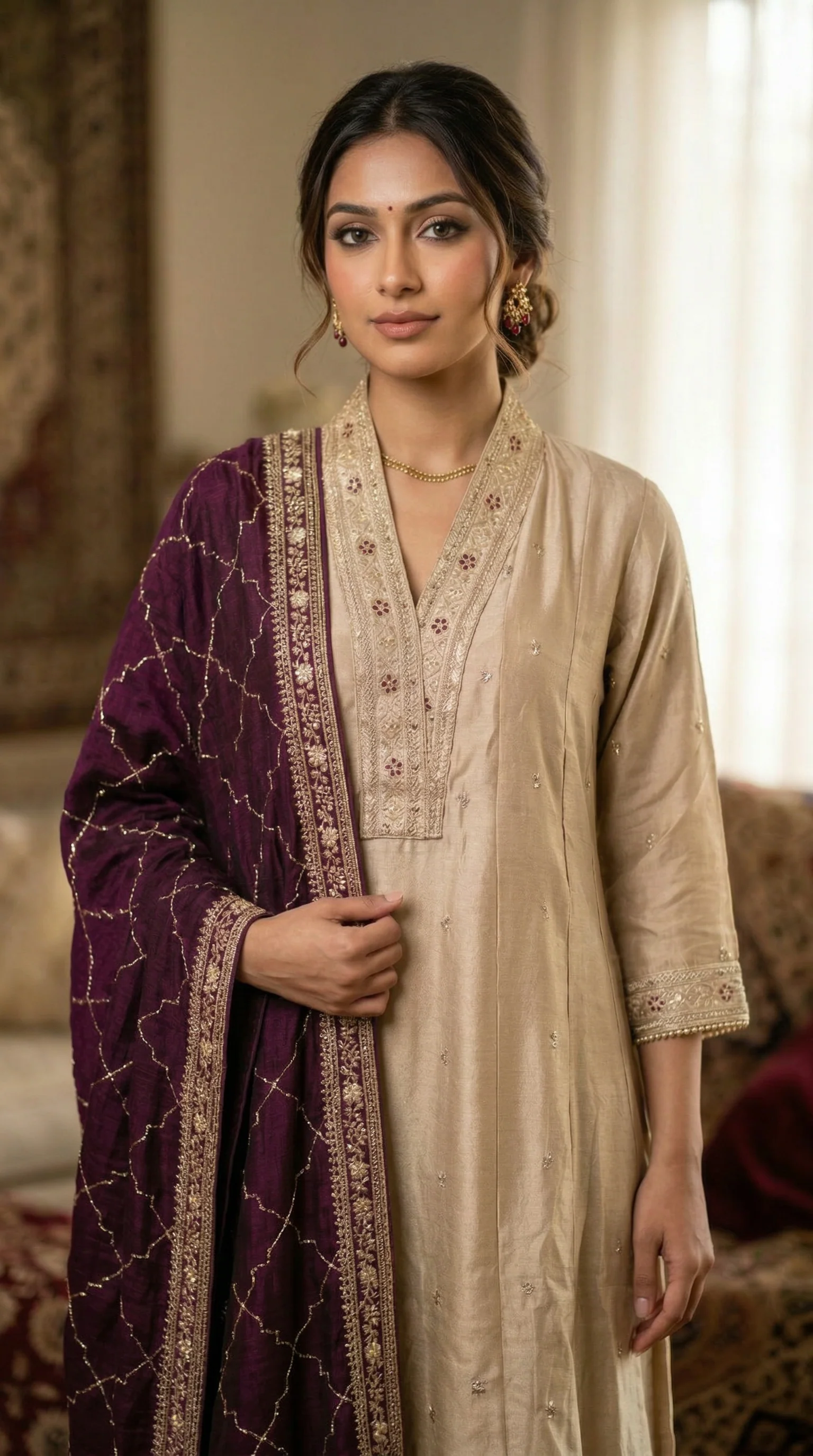 Mouse Brown Vichitra Georgette Thread Embroidered A-Line Suit Set - Image 2