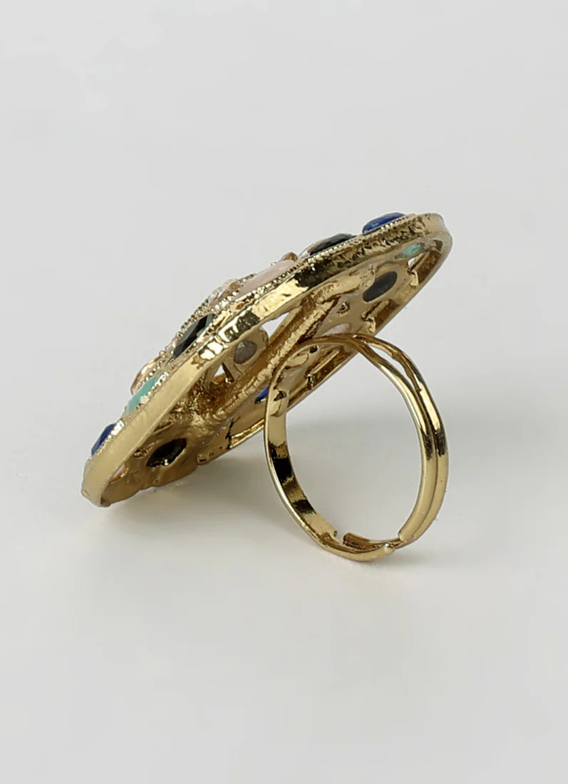 Multicolour Gold Plated Adjustable Finger Ring with Stones - Image 3