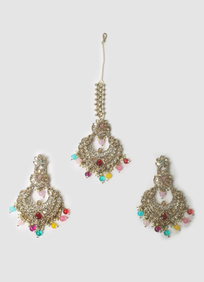Multicolor Beaded Earrings & Tikka Set for Women - Image 2