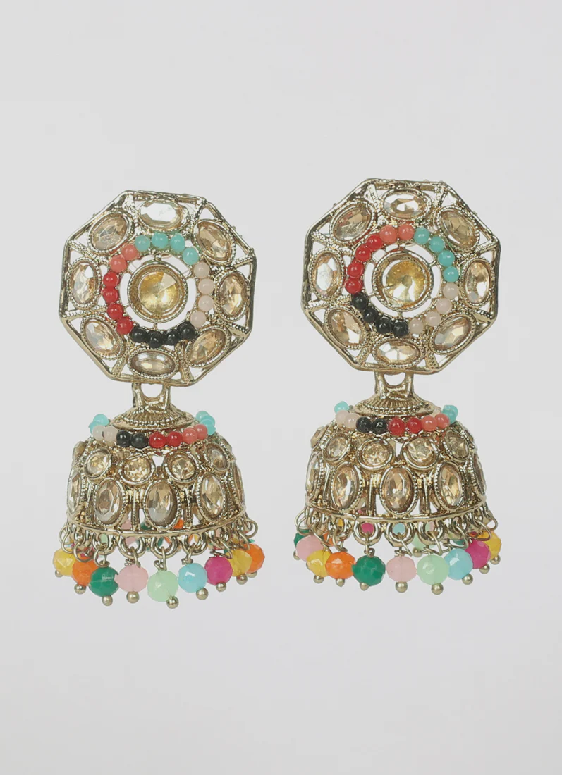 Multicolour AD Jumka Earrings with Beads & Diamante - Image 2