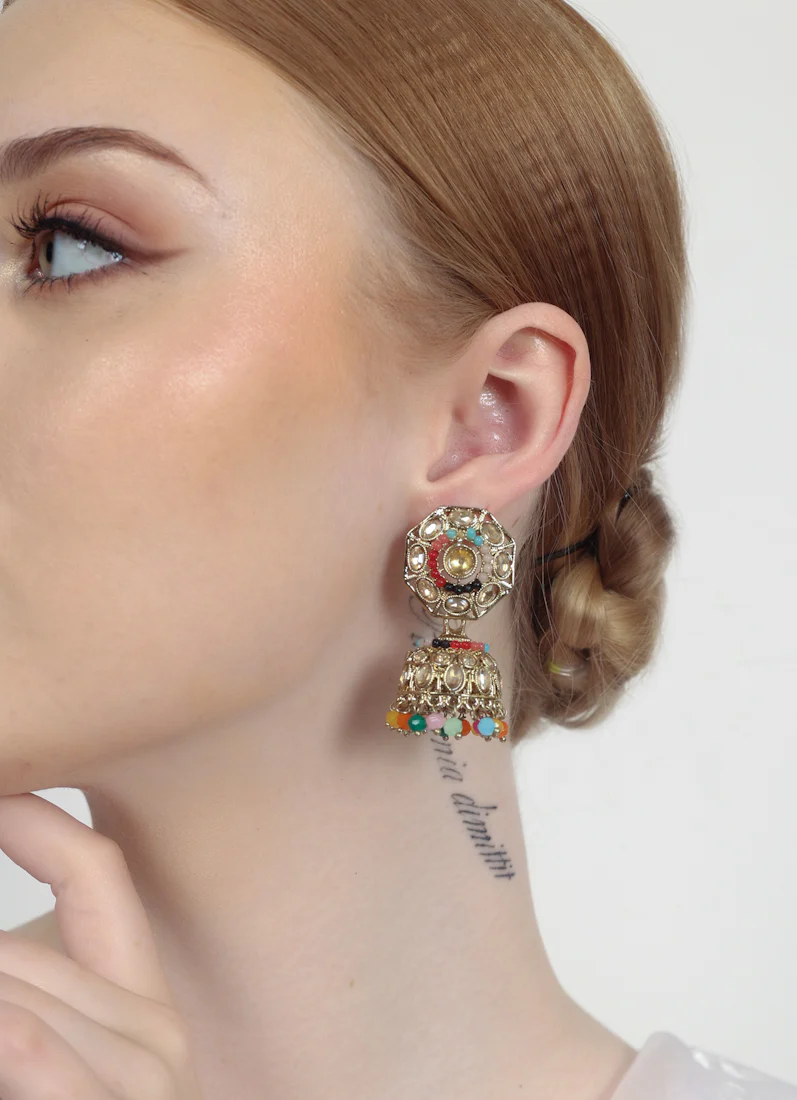 Multicolour AD Jumka Earrings with Beads & Diamante - Image 3