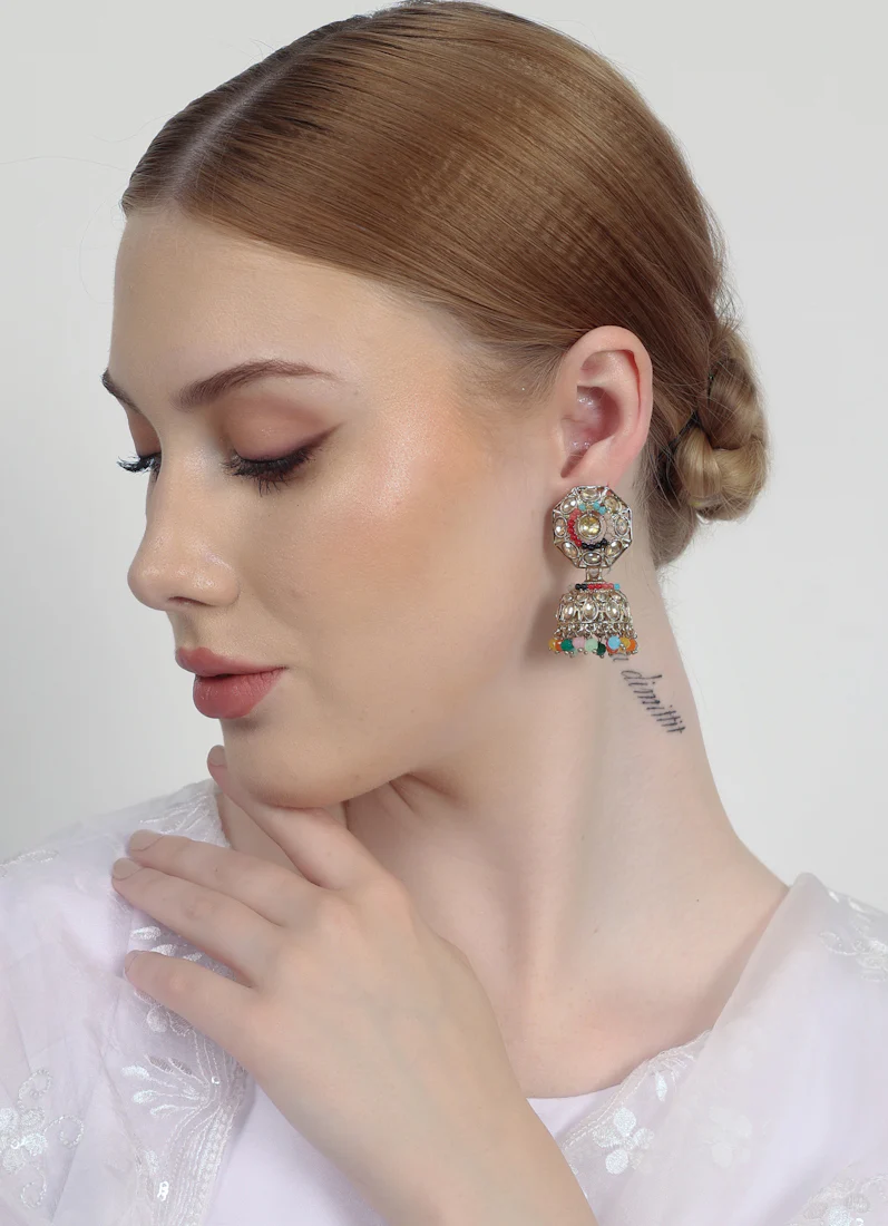 Multicolour AD Jumka Earrings with Beads & Diamante - Image 4