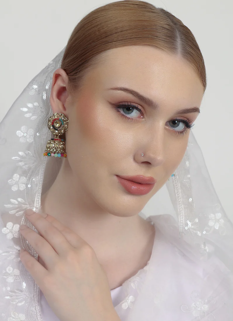 Multicolour AD Jumka Earrings with Beads & Diamante - Image 5