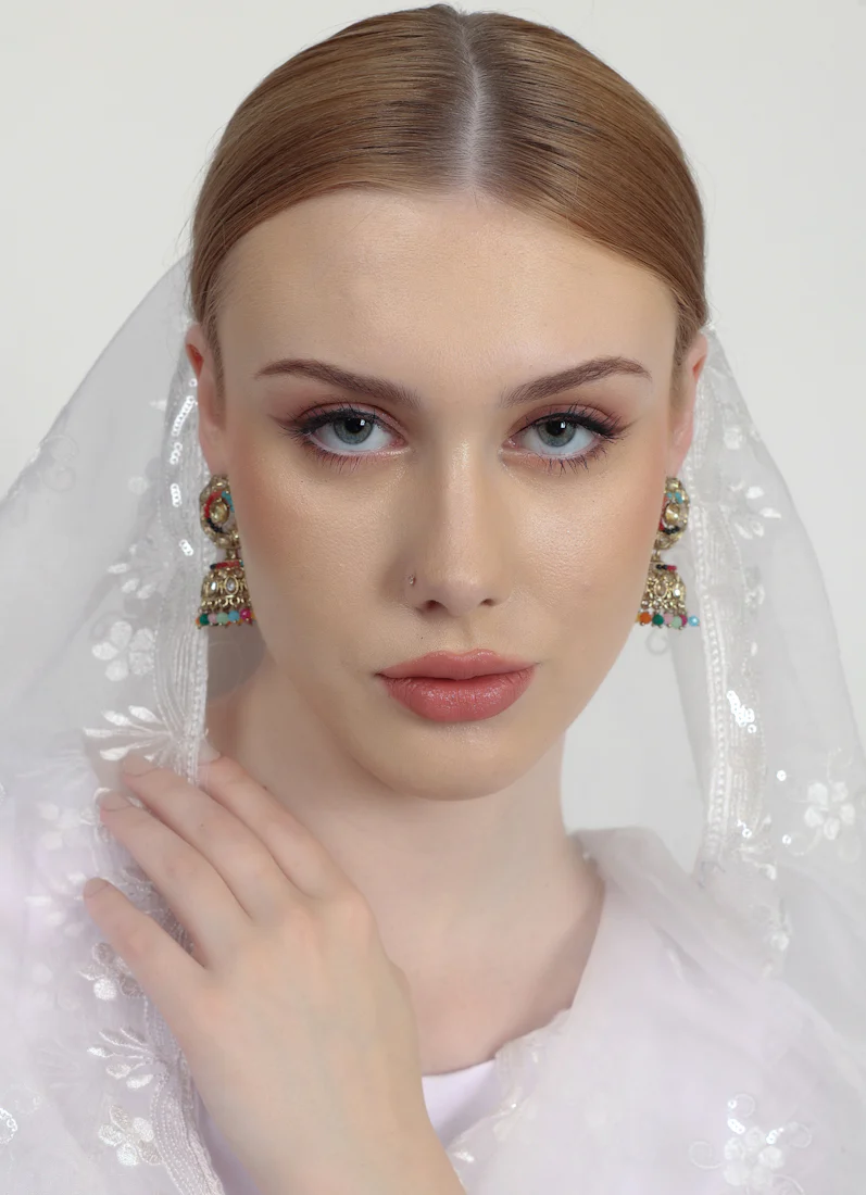 Multicolour AD Jumka Earrings with Beads & Diamante - Image 6